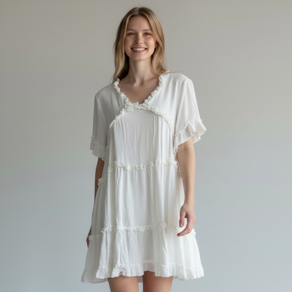ODDY Ivory Babydoll Boho V-Neck Breezy Tiered Short Sleeve Ruffle Mini Dress S